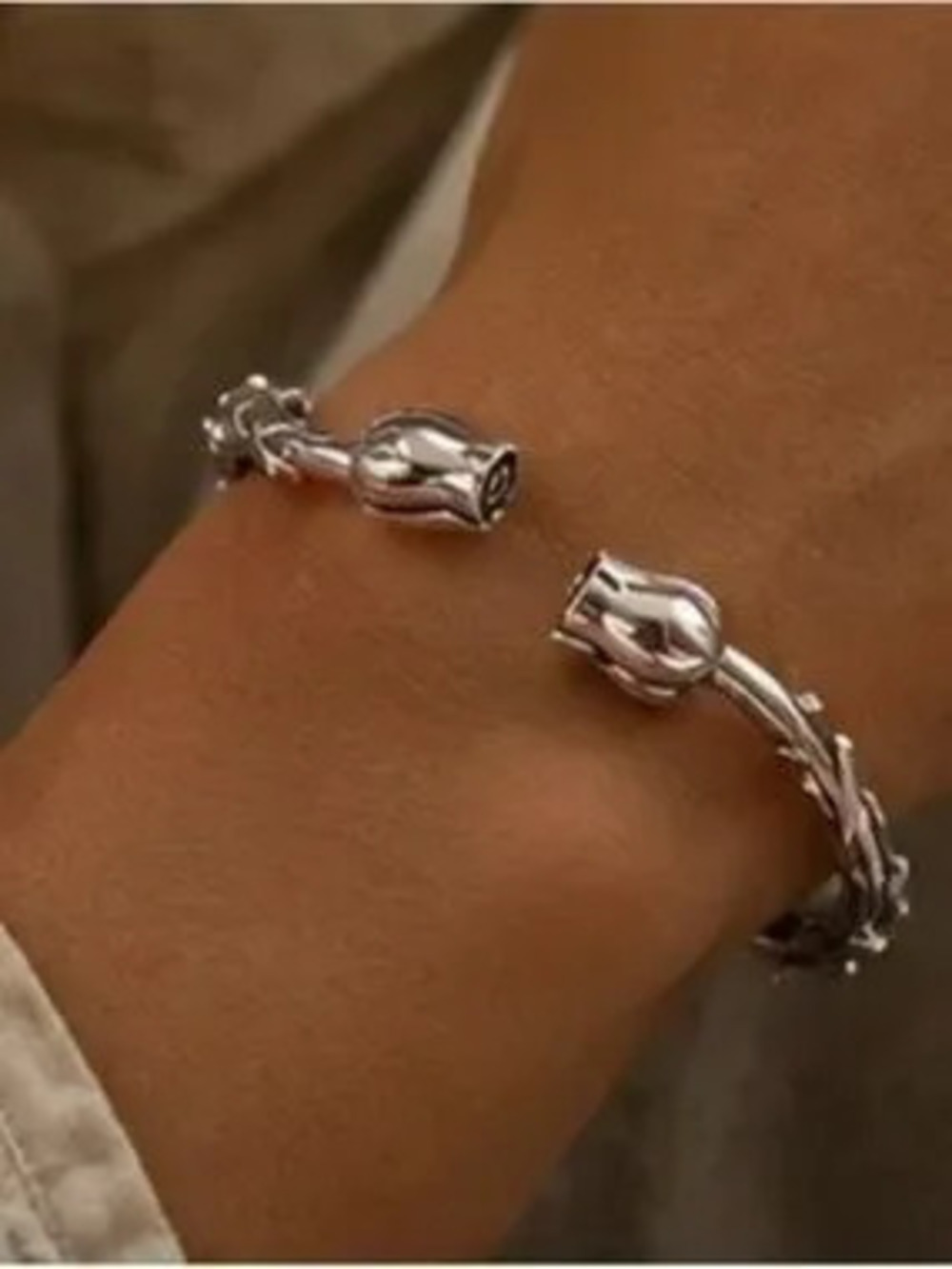 Vintage Silver Rosebud Cuff Bracelet